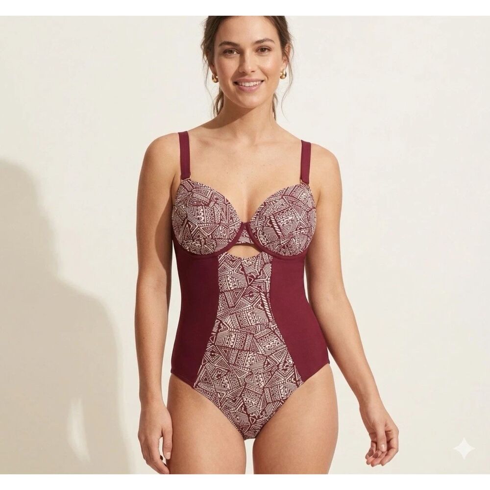 Swimsuits for All Molded Cup Underwire Swimsuit Womens 12 Geometric Red Slimming